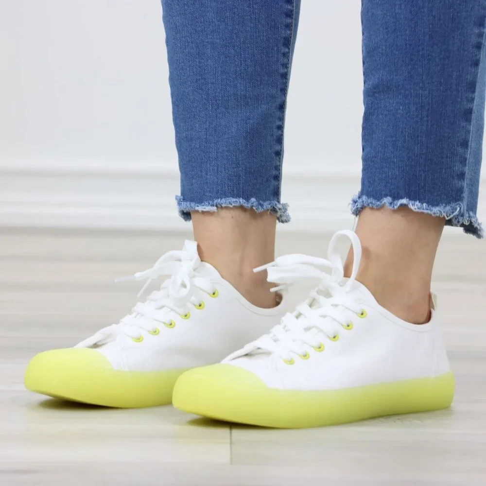 White & Neon Canvas Fabric Fashion Comfort Low Top Sneakers Shoes - Picture 12 of 14